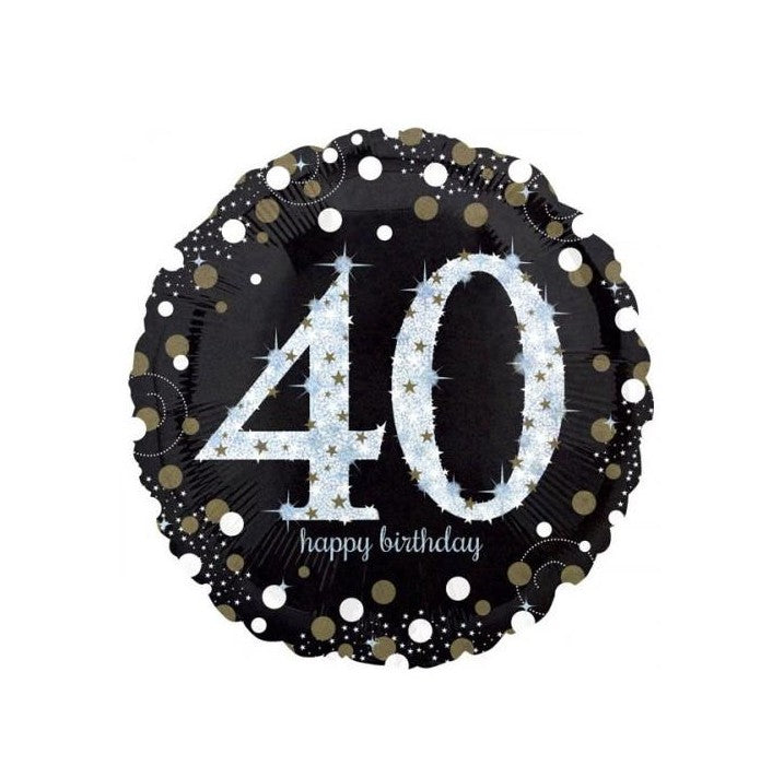 Palloncino Metalfoil Happy Birthday Nero 40 Anni Argento Glitter 18" 46cm