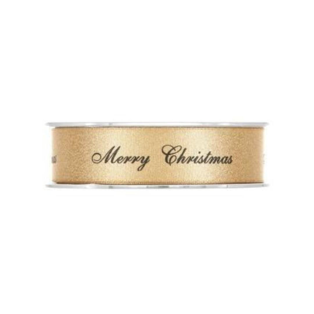 Nastro In Tessuto Oro E Scritta "Marry Christmas" 25mmx25m