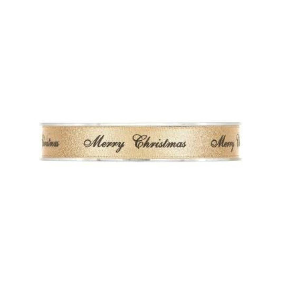 Nastro In Tessuto Oro E Scritta "Marry Christmas" 15mmx25m