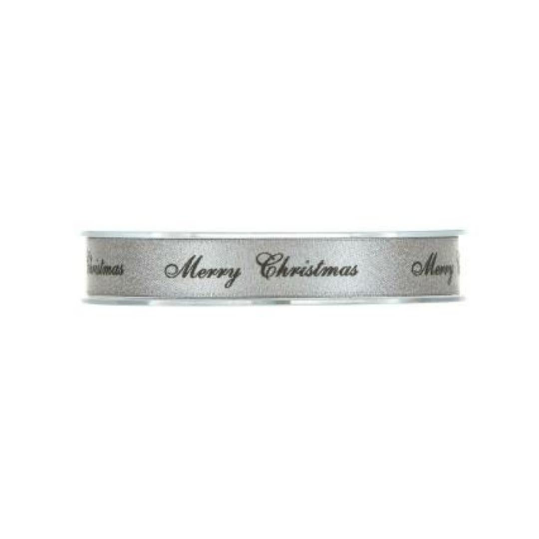 Nastro In Tessuto Argento E Scritta "Marry Christmas" 15mmx25m