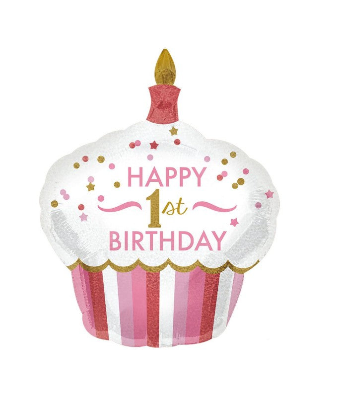 Palloncino Metalfoil Rosa Cupcake Buon Primo Compleanno 36" 91cm