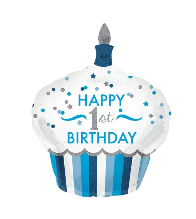 Palloncino Metalfoil Azzurro Cupcake Buon Primo Compleanno 36" 91cm