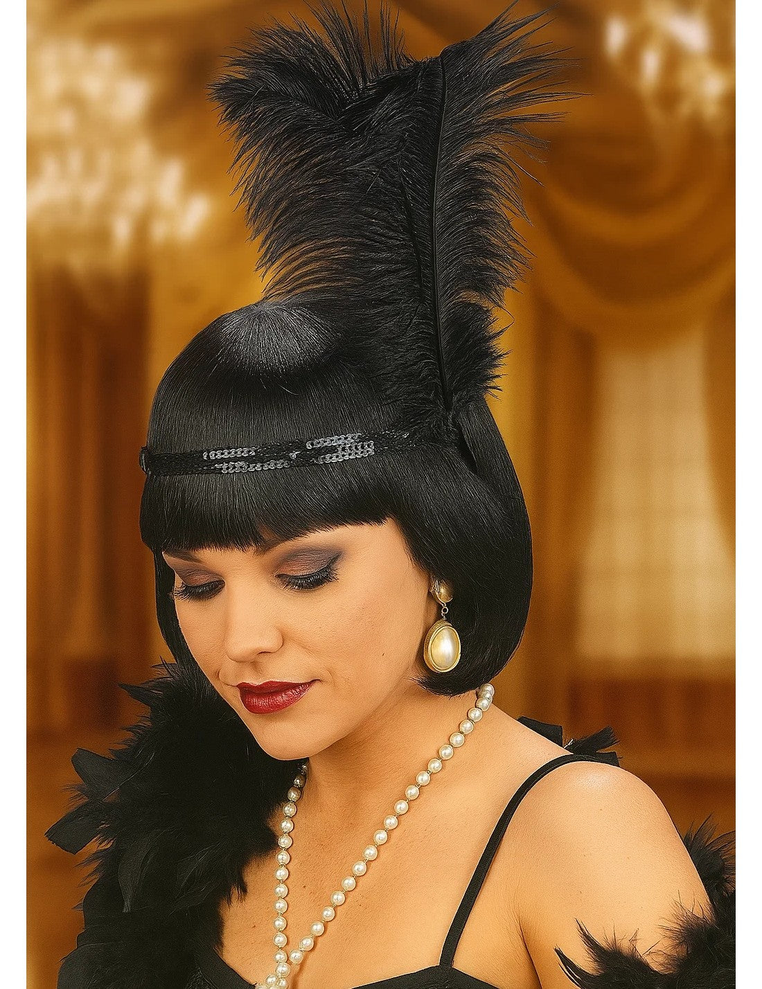 Fascia Con Paillettes E 2 Piume Nere 25cm