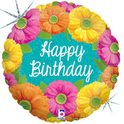 Palloncino In Mylar Happy Birthday Con Fiori 18" 45cm