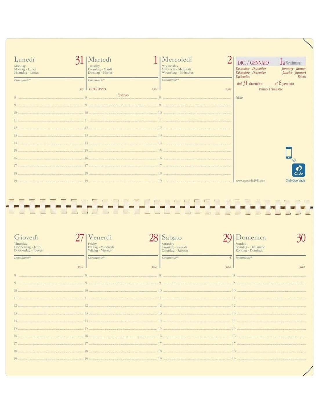 Agenda Settimanale Spiralata 13 Mesi 2026 Quo Vadis Planital Impala 9x17cm