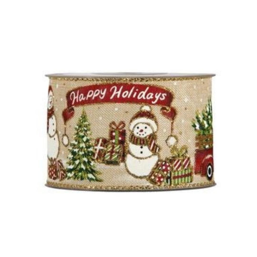 Nastro In Tessuto "Happy Holidays" Con Pupazzi Di Neve 63mmx10m