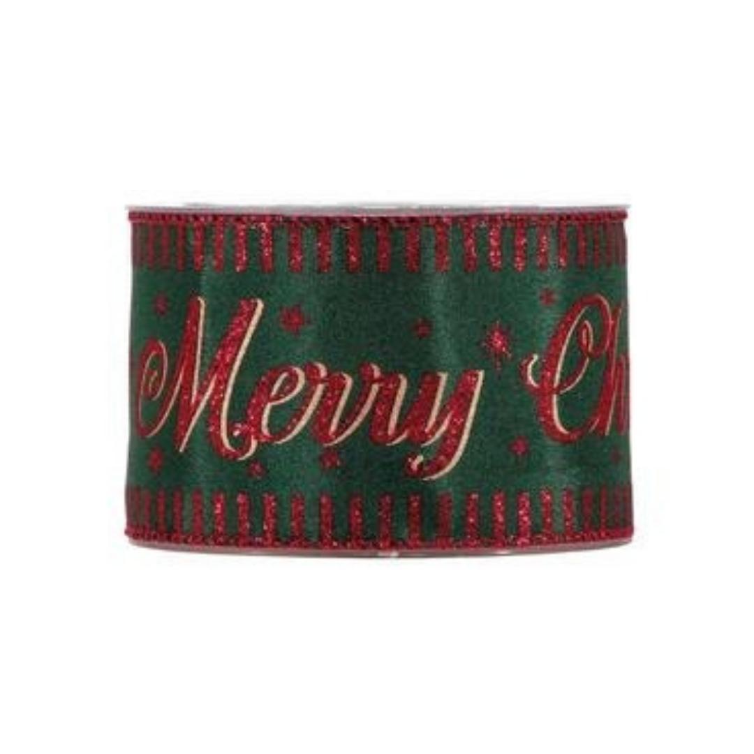 Nastro In Tessuto Rosso E Verde Con Scritta "Merry Christmas" 63mmx10m