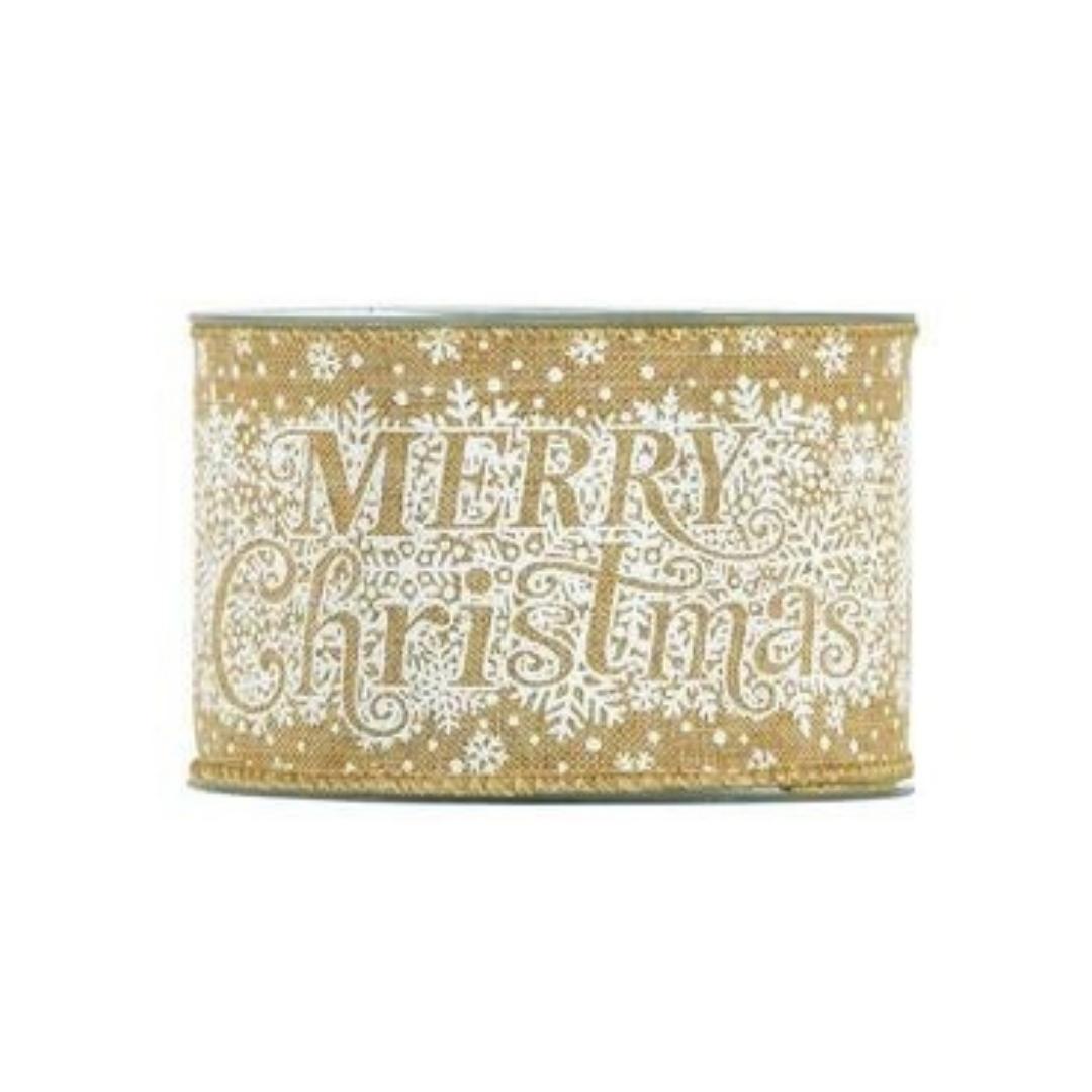 Nastro In Tessuto Oro E Fantasia Bianca "Merry Christmas" 63mmx10m