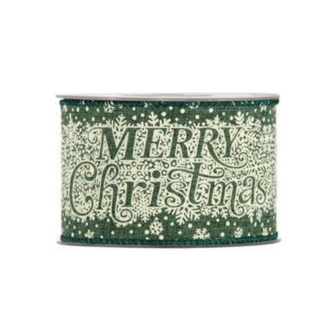 Nastro In Tessuto Verde E Fantasia Bianca "Merry Christmas" 63mmx10m