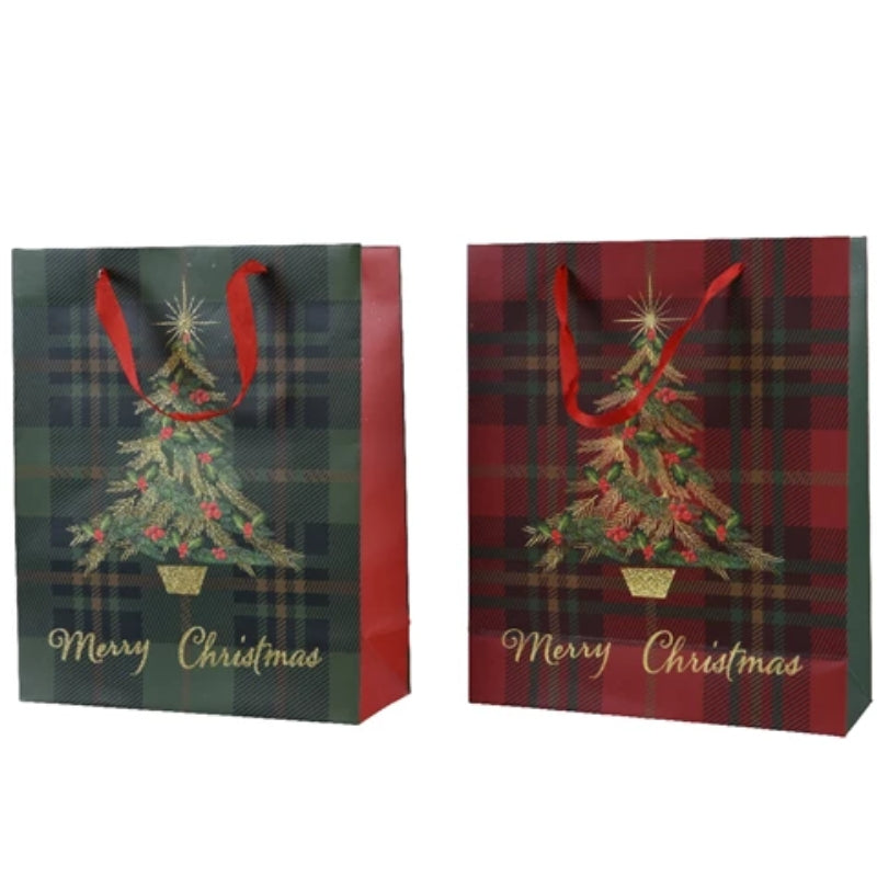 Busta Sacchetto Natale Fantasia Tartan Albero Colori Assortiti 12x30x42cm