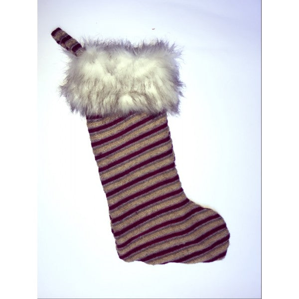 Calza Befana Epifania In Lana A Strisce Bordeaux E Beige 50cm