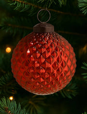 Pallina Albero Di Natale In Vetro Rossa a Rilievo 8cm
