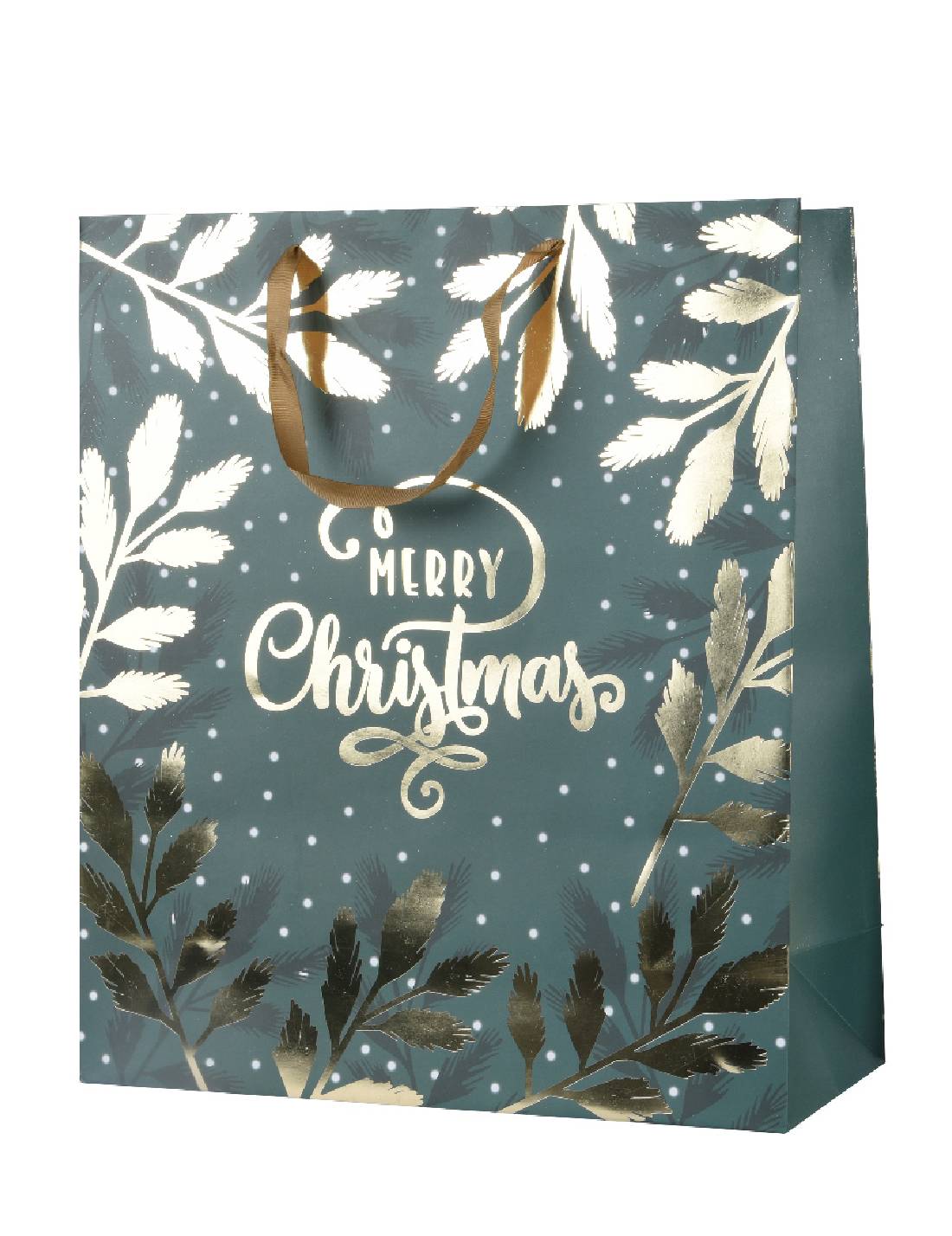 Busta Regalo Di Natale Verde Con Foglie Merry Christmas 26x32cm