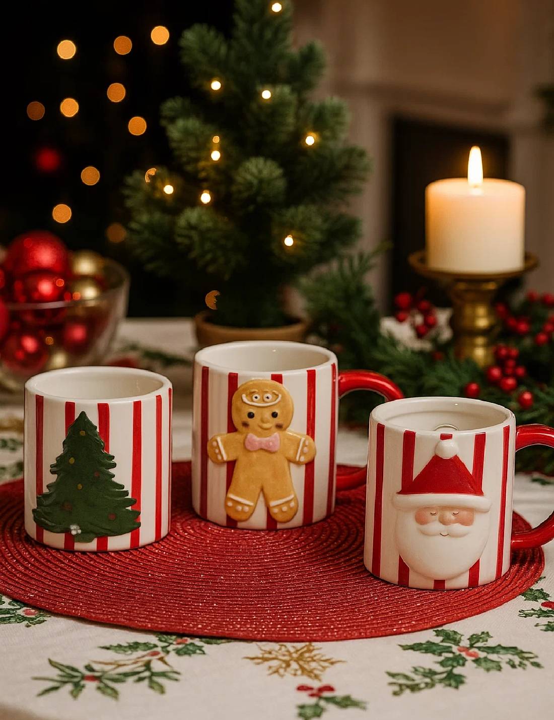 Tazza Natalizia In Ceramica A Strisce Con Figura Natalizia 10cm