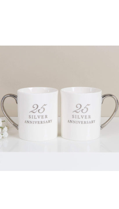 Set 2 Tazze In Ceramica Nozze D'argento 25 Anni Anniversario