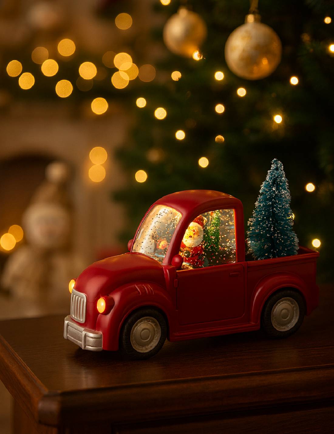 Addobbo Di Natale Carillon Furgoncino Rosso Con Babbo Natale A LED 22cm