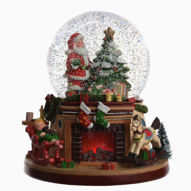 Carillon Palla Di Neve Con Babbo Natale E Albero Su Camino 17x21cm
