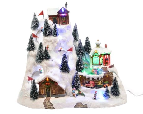 Carillon Villaggio Di Natale Con Pista Da Scii E Trenino LED 20x32x29cm
