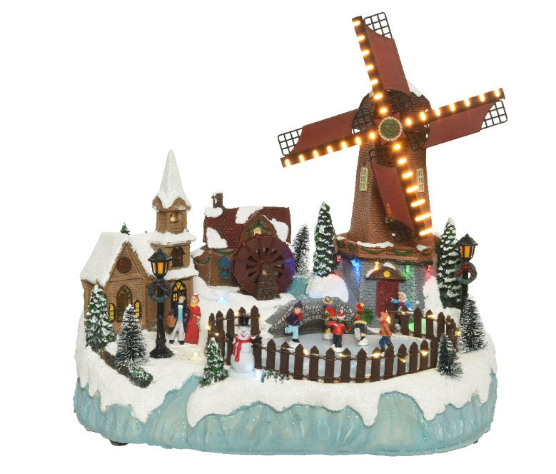 Carillon Natale Scenario Mulino A Vento E Pista Da Pattinaggio Con Luci e Movimento