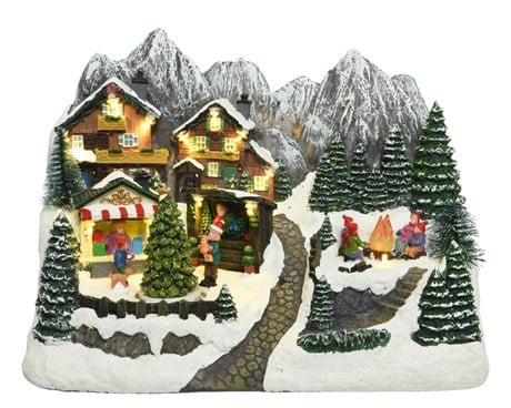 Carillon Villaggio Di Natale Scenario Innevato Con Montagne 21x33x23cm