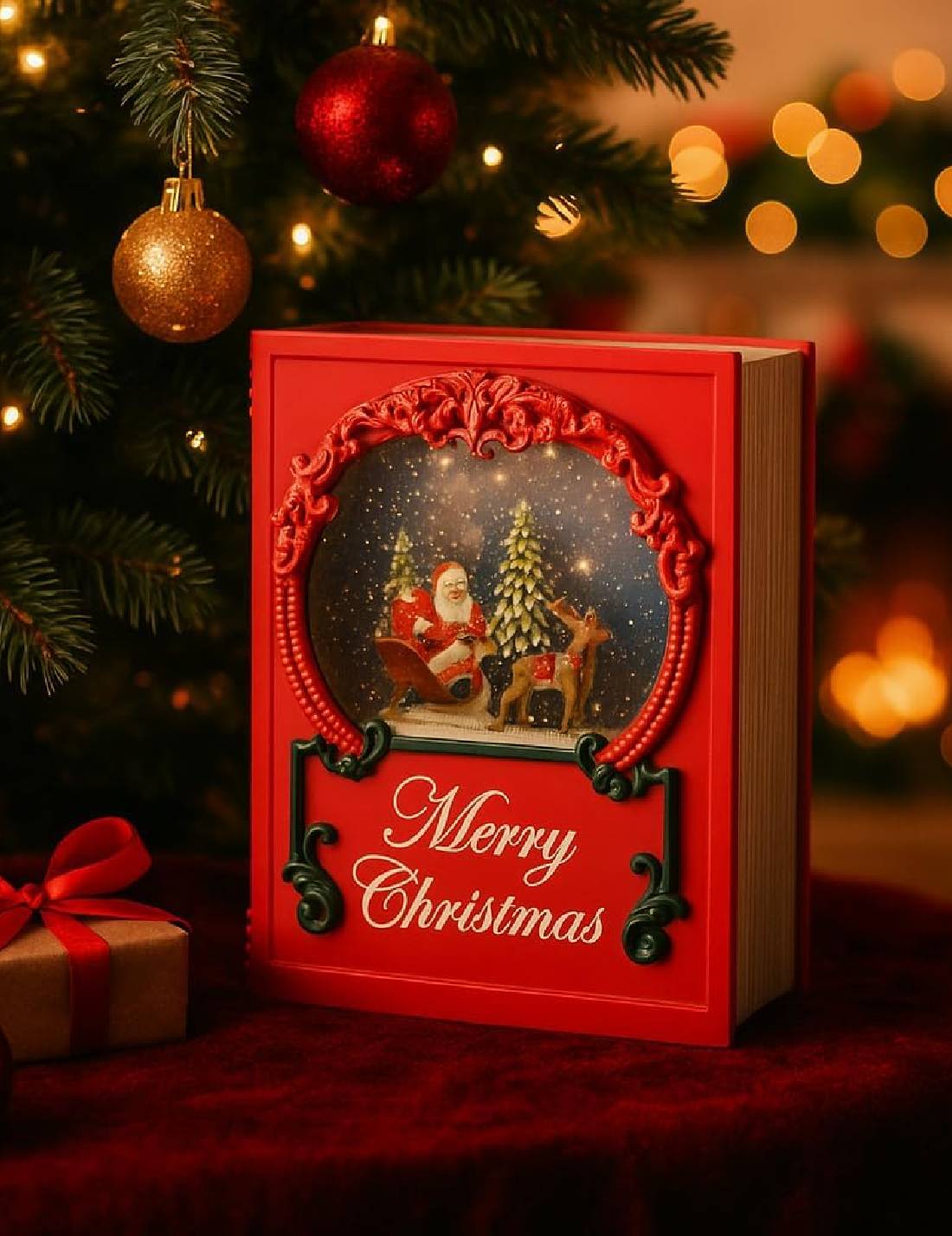 Carillon Di Natale Libro Rosso LED Babbo Natale Su Slitta 21cm