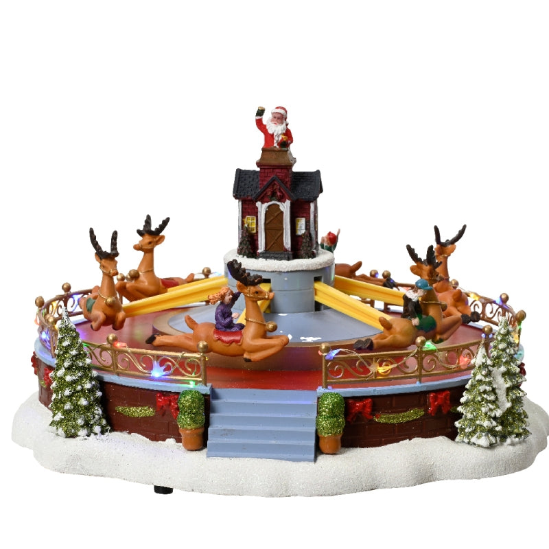 Carillon Villaggio Di Natale Giostra Renne Con Babbo Natale 30cm