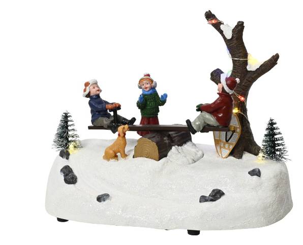 Carillon Villaggio Di Natale Bambini Su Altalena Con Led
