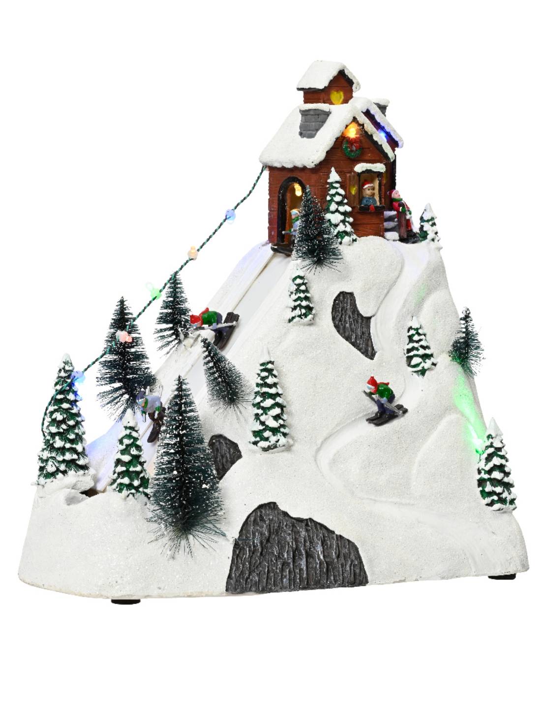 Carillon Di Natale Scenario Festivo LED Collina Innevata Con Sciatori h28,5cm