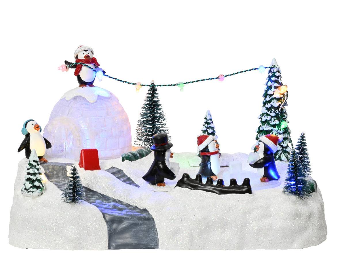 Carillon Villaggio Di Natale Pista Di Pattinaggio Con Pinguini 28cm