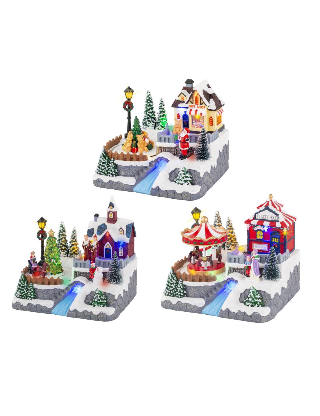 Carillon Di Natale Villaggio Con Scenario Innevato E Fiume LED 19cm