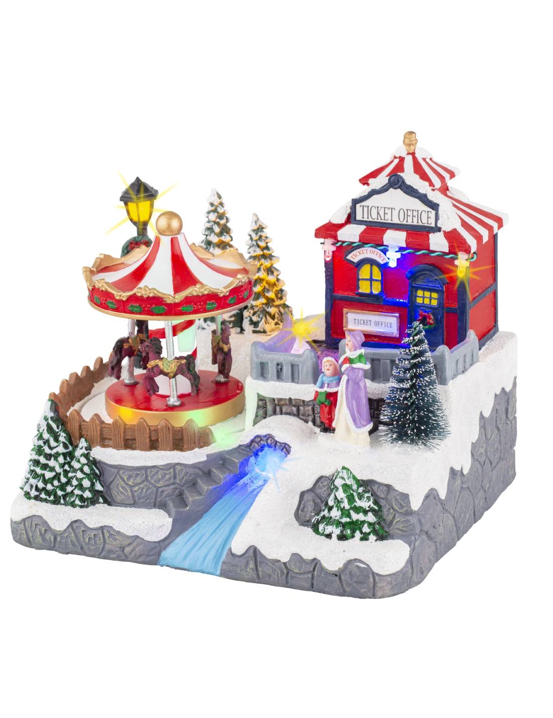 Carillon Di Natale Villaggio Con Scenario Innevato E Fiume LED 19cm