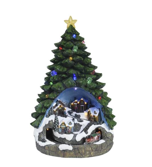 Carillon Natale Albero Con Villaggio Innevato Con Trenino 44cm