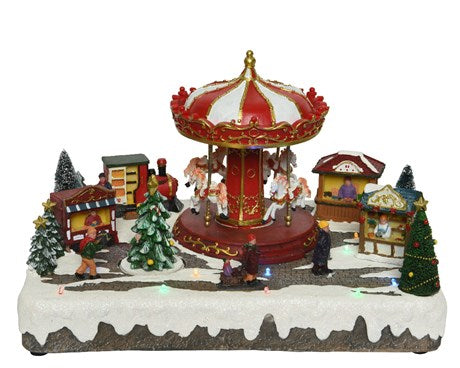 Carillon Villaggio Di Natale Con Carosello Cavalli E Banchetti Dei Giochi 34,5x26,5x22,5cm