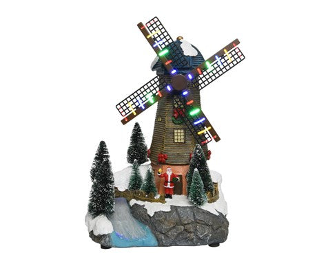 Carillon Villaggio Di Natale Mulino Con Luci LED 21x17,5x30cm