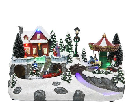 Carillon Villaggio Di Natale Con Giostra E Treno Animato LED 34cm