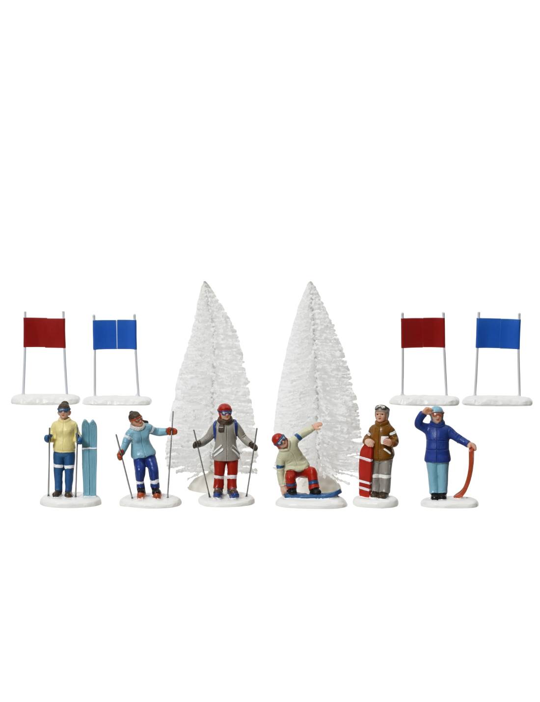 Set 12pz Addobbi Di Natale Sciatori Per Villaggio Natalizio 15cm