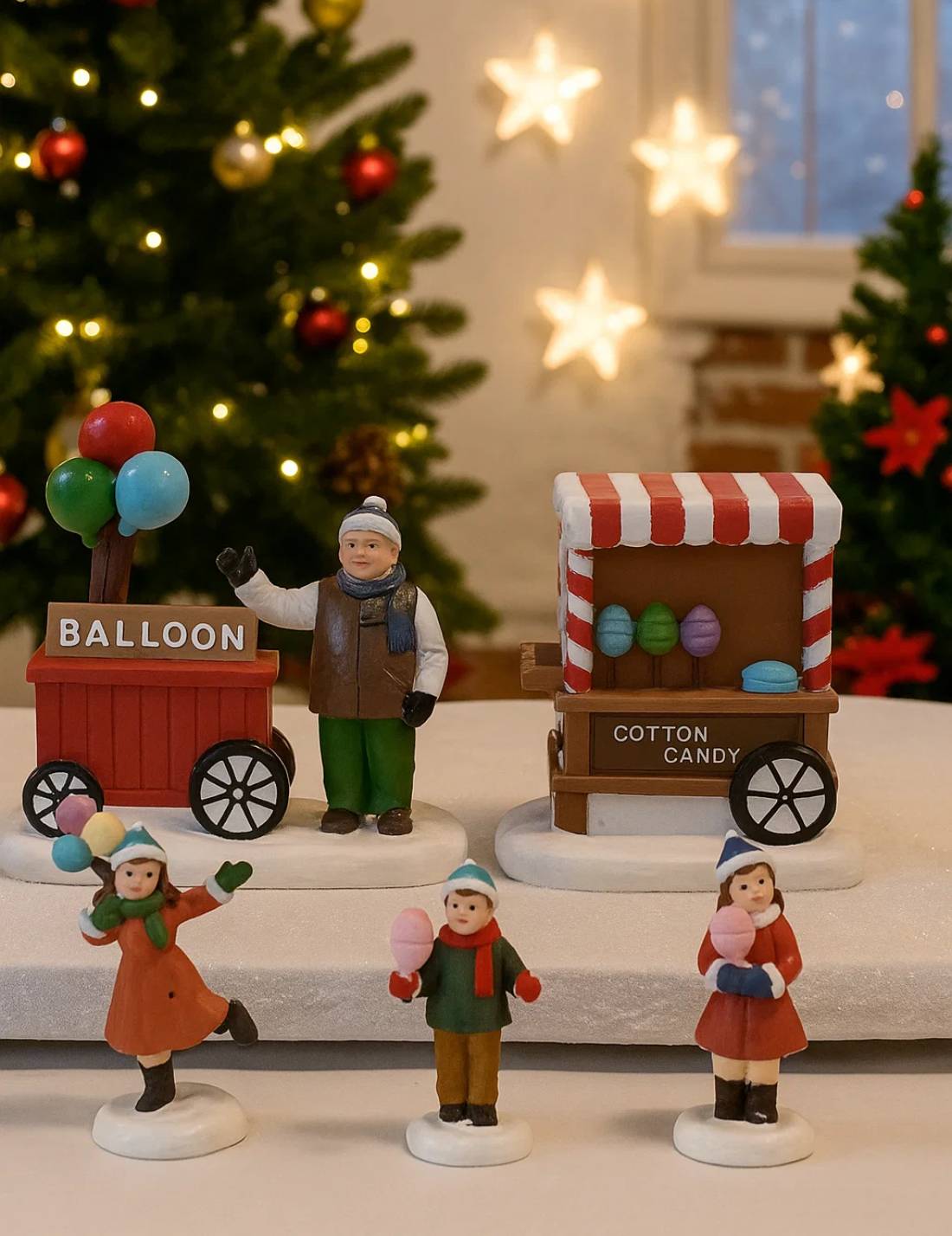 Set 5pz Addobbi Di Natale Per Villaggio Natalizio Candy Shop Con Bambini 10cm