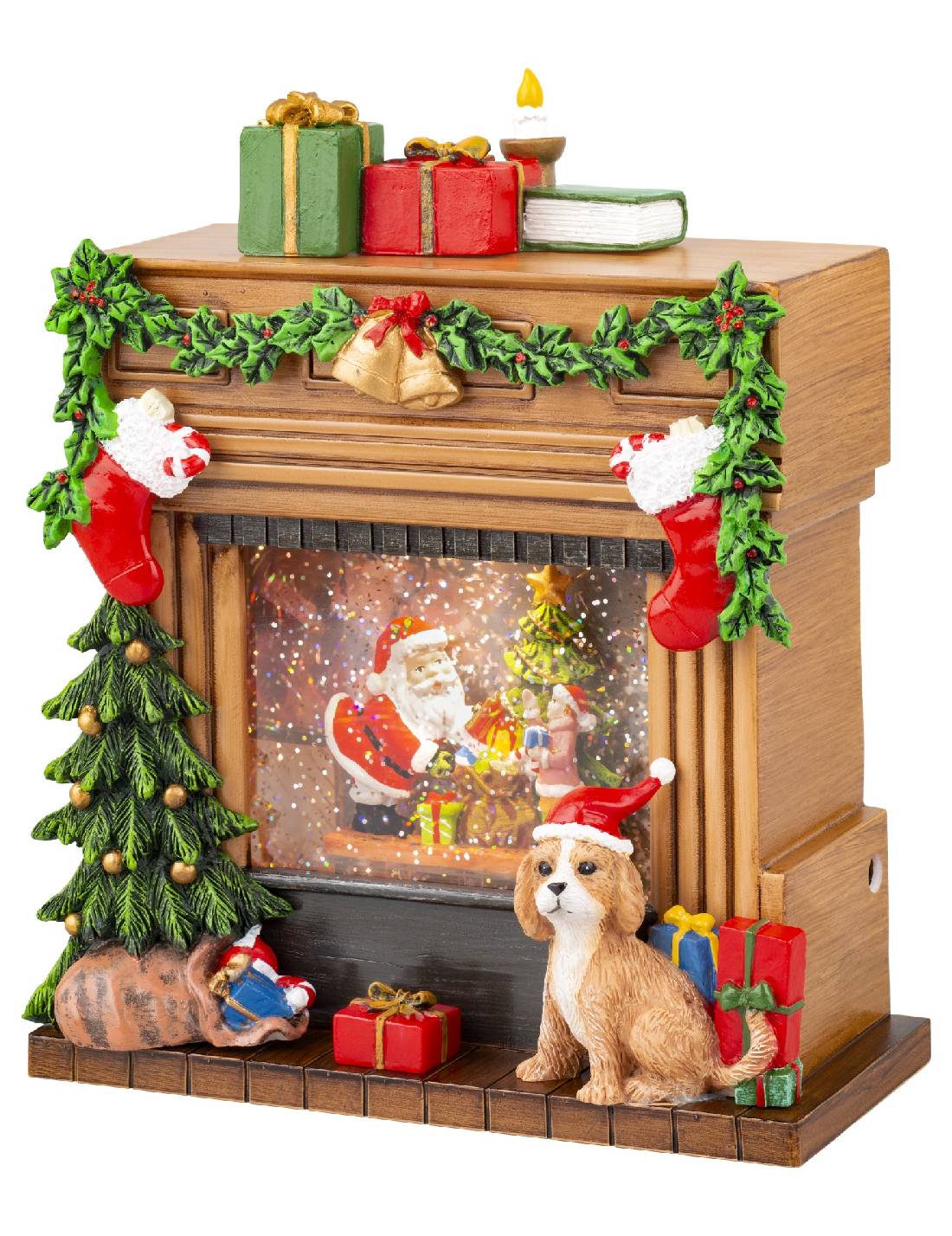 Carillon Di Natale Camino Luminoso Con Cane E Babbo Natale LED 23cm