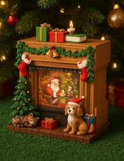 Carillon Di Natale Camino Luminoso Con Cane E Babbo Natale LED 23cm