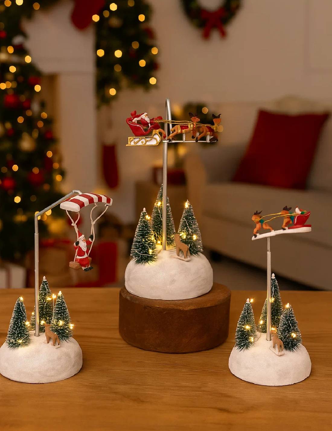 Addobbo Di Natale Per Scenario Natalizio Babbo Natale Con Slitta O Paracadute LED 22cm