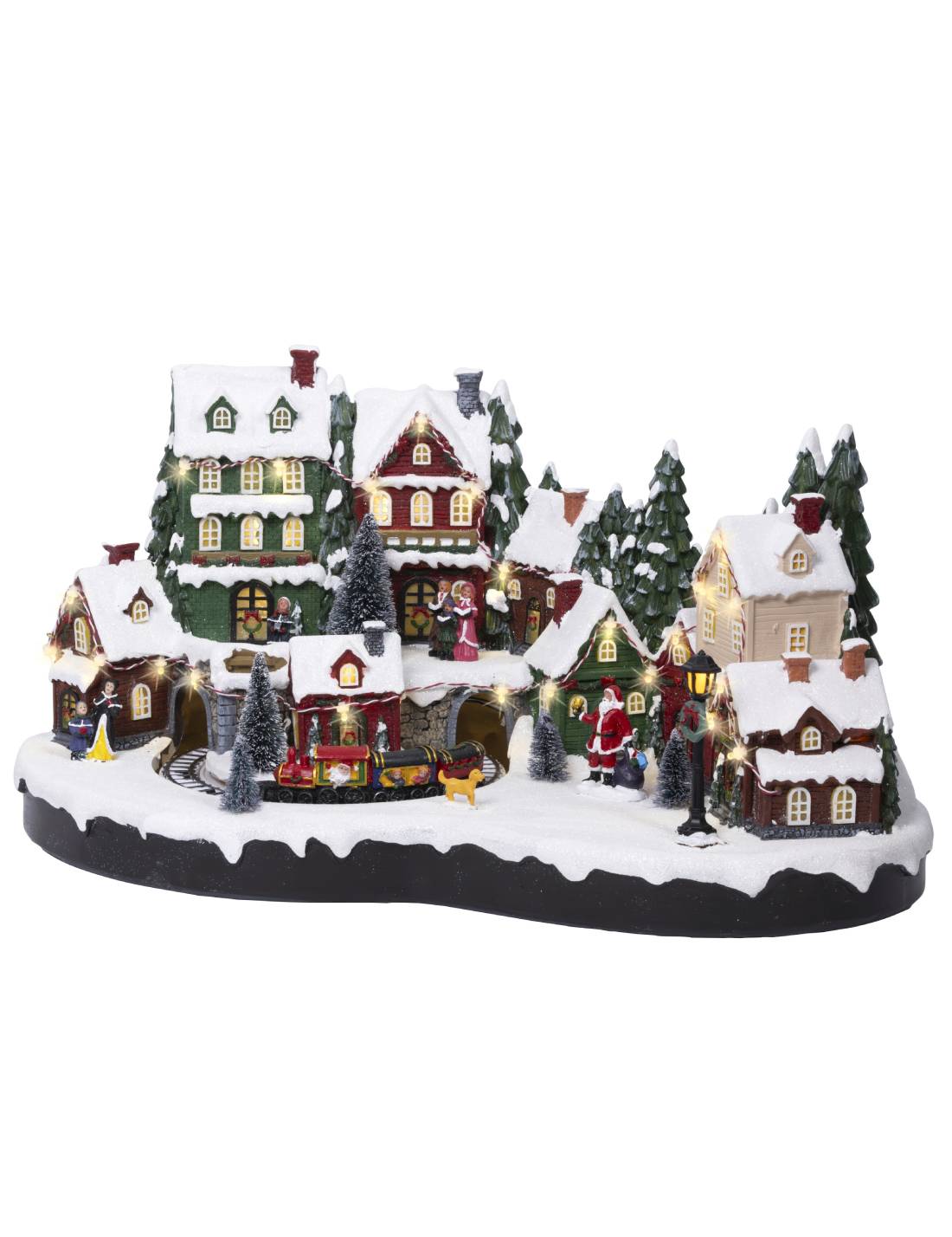 Carillon Villaggio Di Natale Innevato Con Trenino E Case Illuminate 50cm