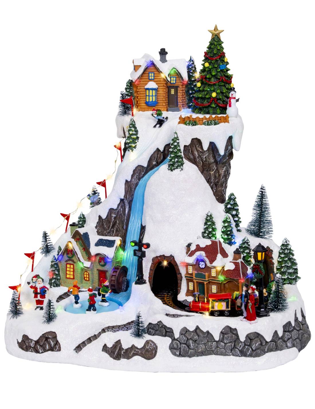Carillon Di Natale Villaggio Con Montagna Innevata LED 39cm