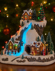 Carillon Di Natale Villaggio Con Montagna Innevata LED 39cm