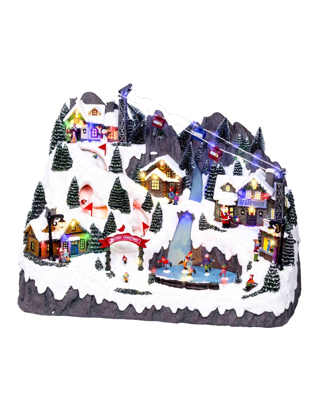 Carillon Di Natale Villaggio Luminoso Montagna Innevata Con Cabinovia 56cm