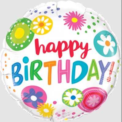 Palloncino Metalfoil Happy Birthday Bianco Fiori Multicolor 18" 46cm