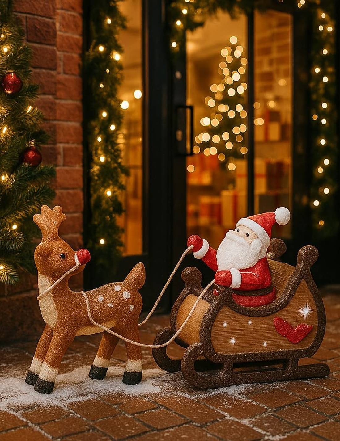Addobbo Di Natale Luminoso Babbo Natale Con Slitta E Renna 90 LED 82cm
