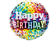 Palloncino Metalfoil Happy Birthday Trasparente Pois Multicolor 18" 46cm