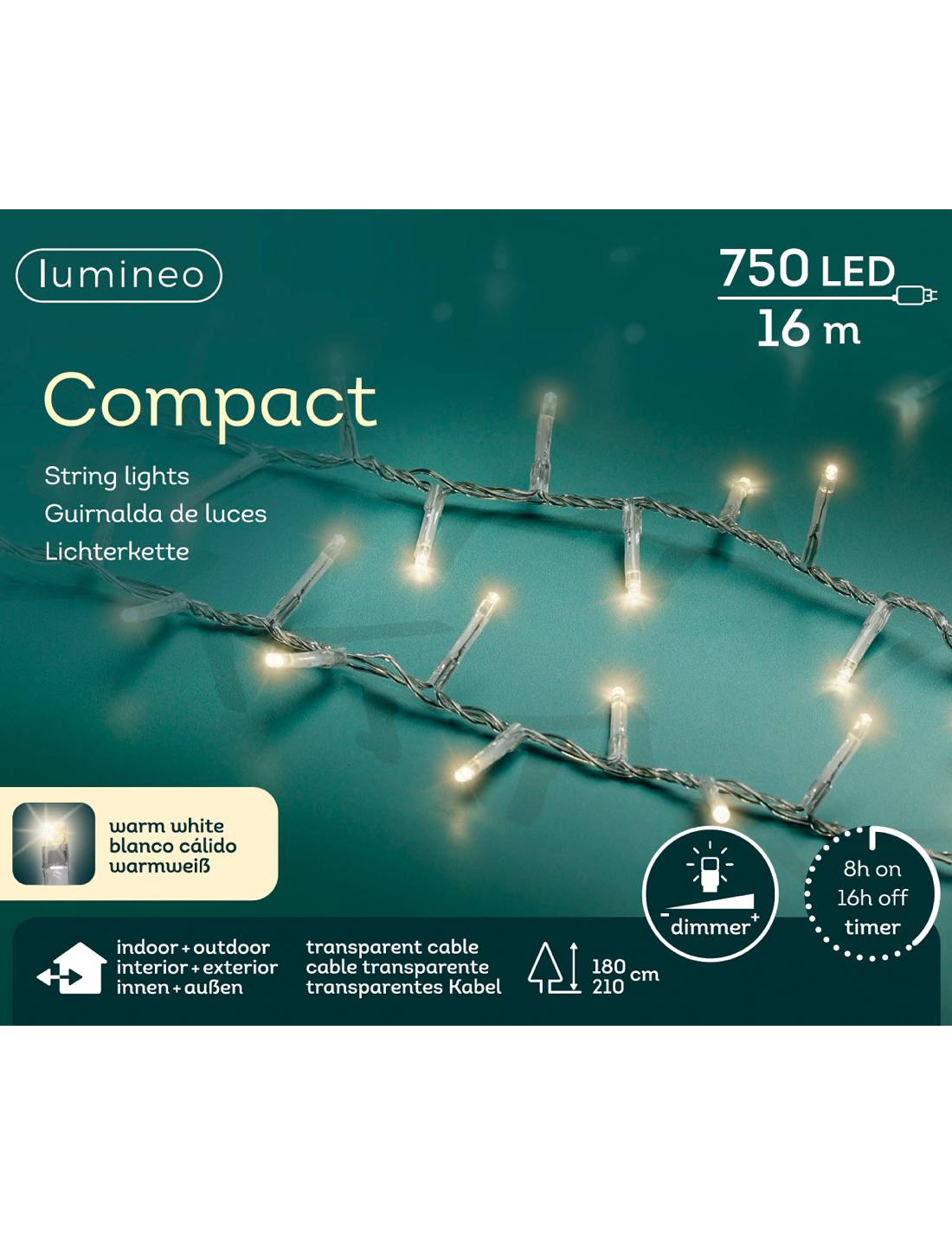 Serie Di Luci Natale Compact Ghirlanda Bianco Caldo Con Cavo Trasparente 750 LED 16m