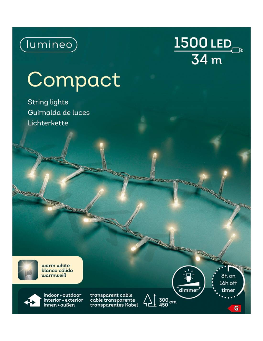 Serie Di Luci Natale Compact Ghirlanda Bianco Caldo 1500 LED 34m