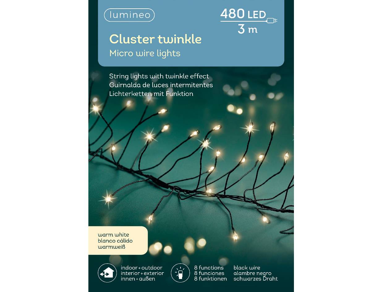 Serie Luci Natale Cluster Twinkle 480 Micro Led 8 Funzioni Luce Calda 3Mt